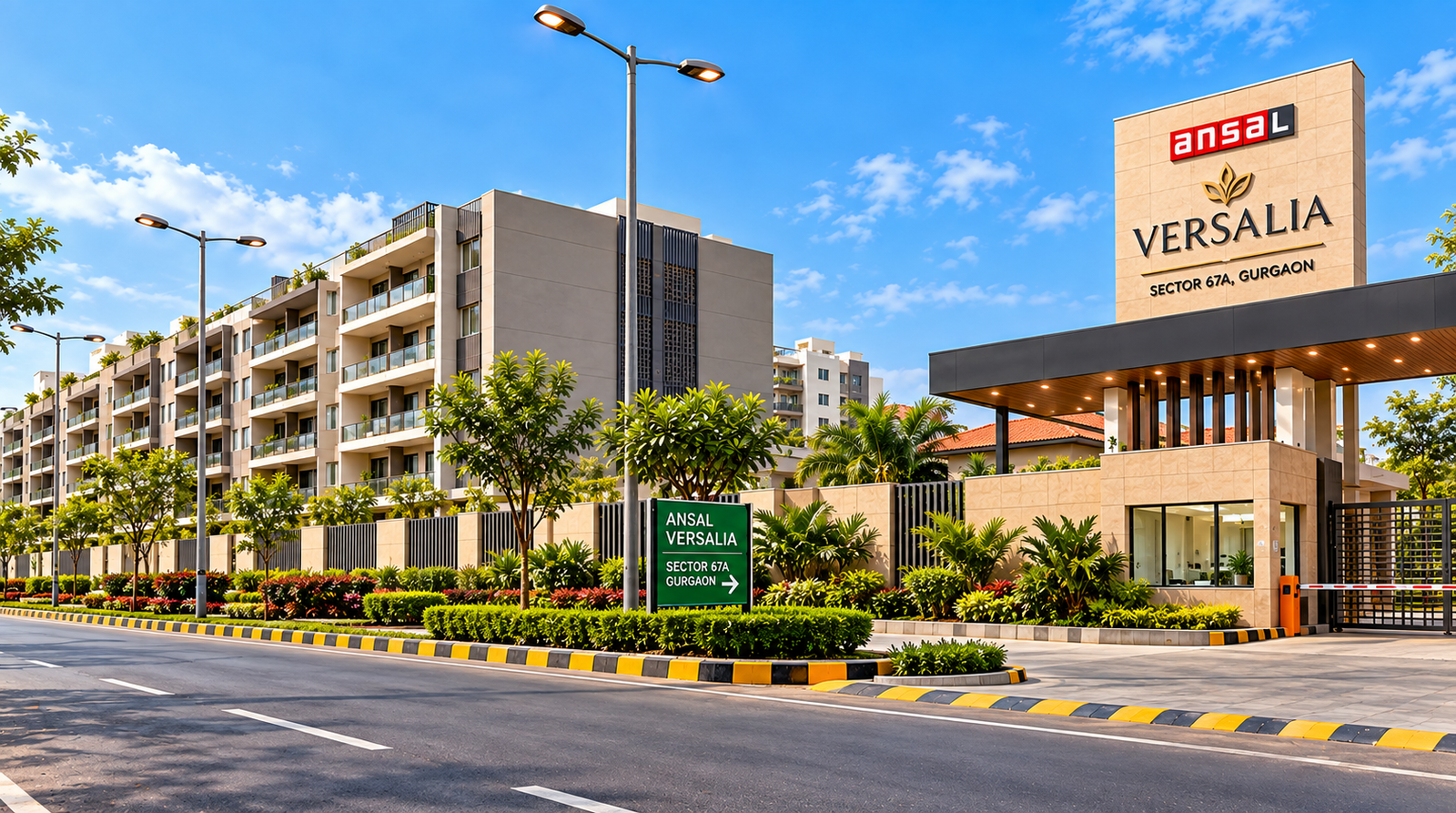 Tree-lined internal road inside a gated society off Sohna Road, Gurugram